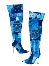 Load image into Gallery viewer, Thigh High Denim Patchwork Boots
